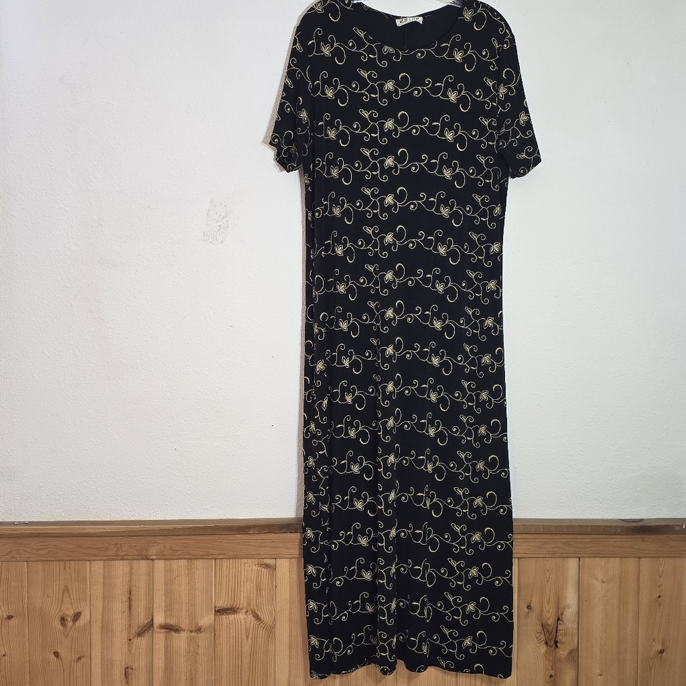 Vtg es.se Floral Motifs Crew Neck Short-Sleeve Pullover Maxi Black Dress No Size